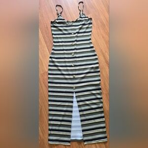 No Boundaries Black, Olive Green, and White Striped Long Strapless Dress